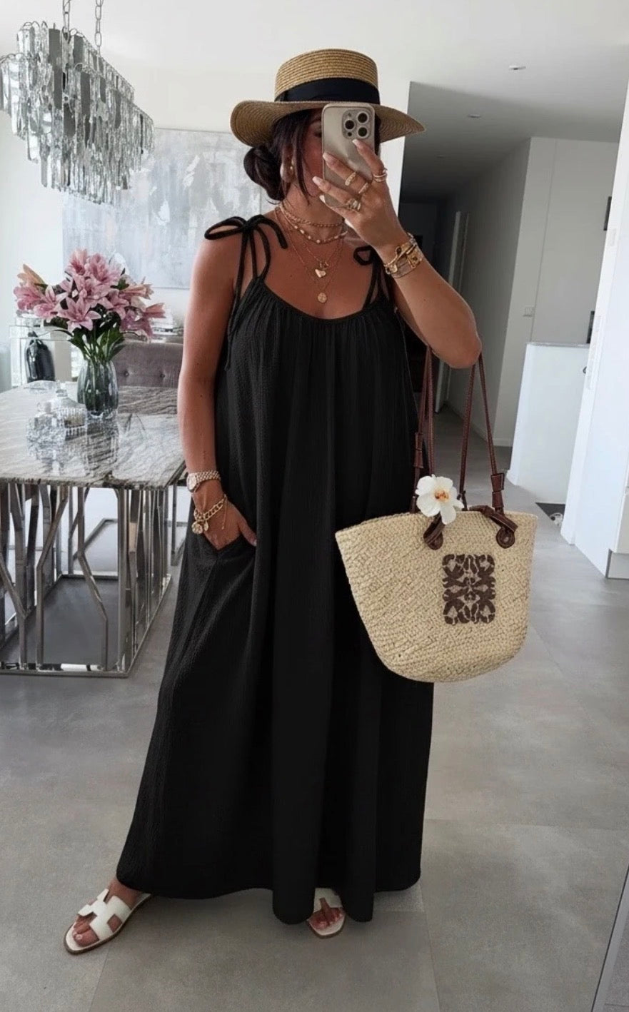 NOIR - ROBE EN GAZ DE COTON