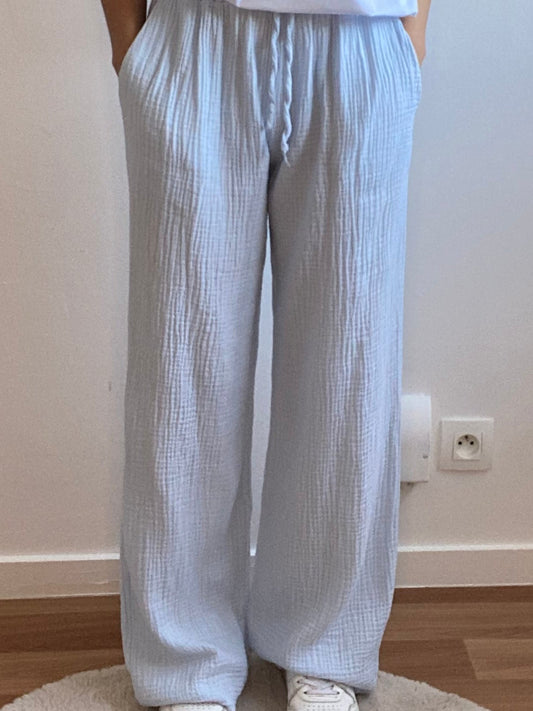BLEU CIEL -  PANTALON GAZ DE COTON