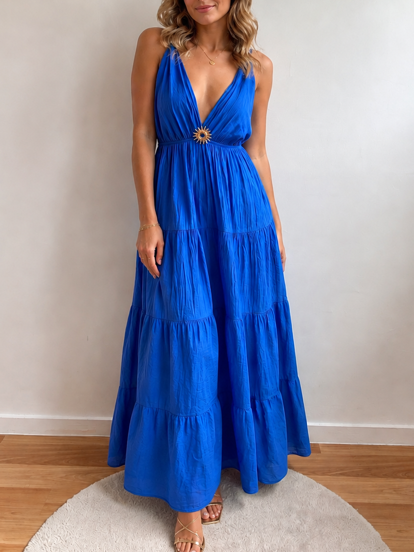 BLEU- ROBE LONGUE A BRETELLES