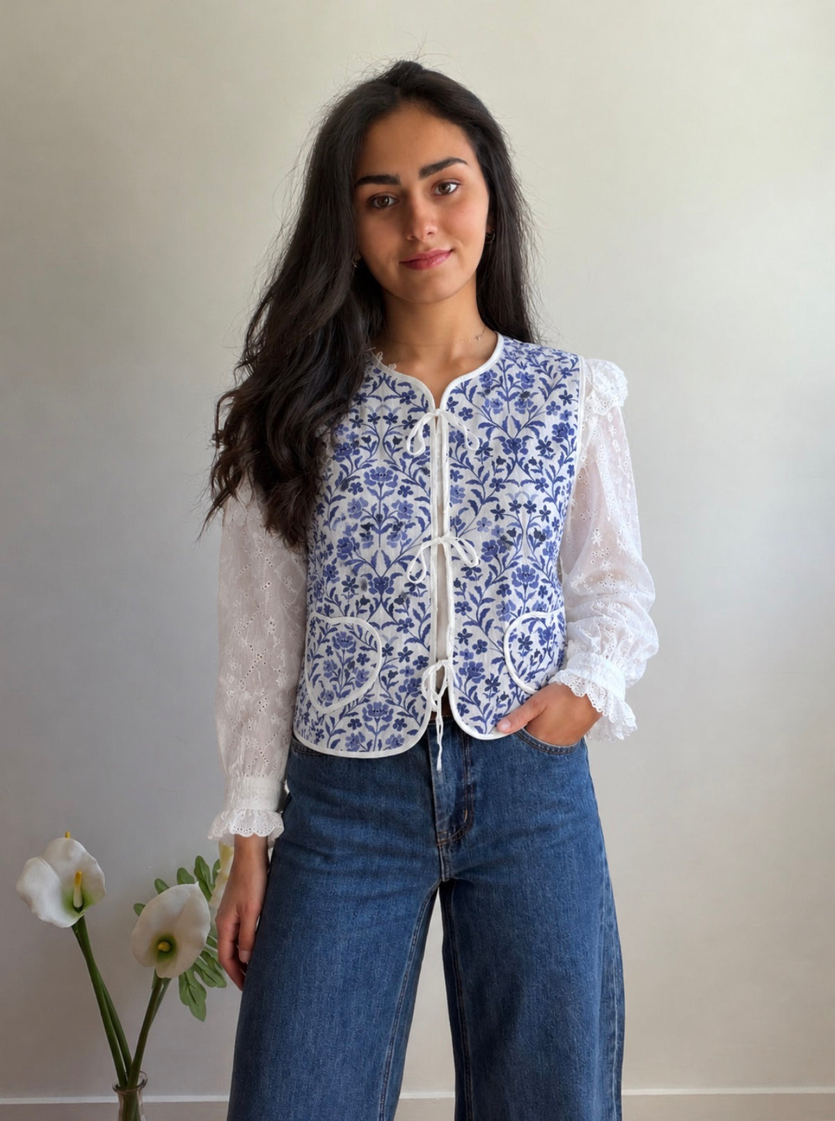 BLEU- GILET MATELASSÉ FLORAL