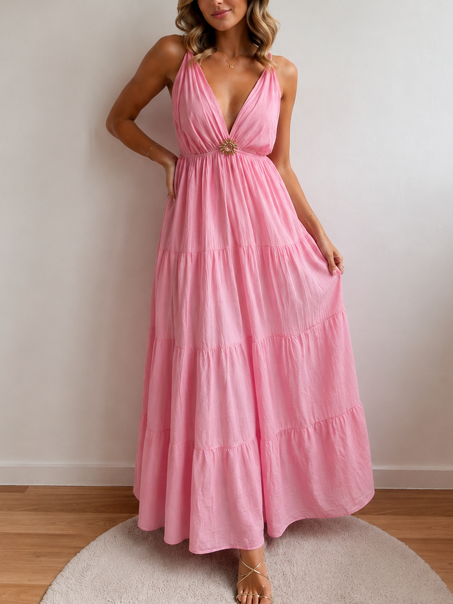 ROSE - ROBE LONGUE A BRETELLES